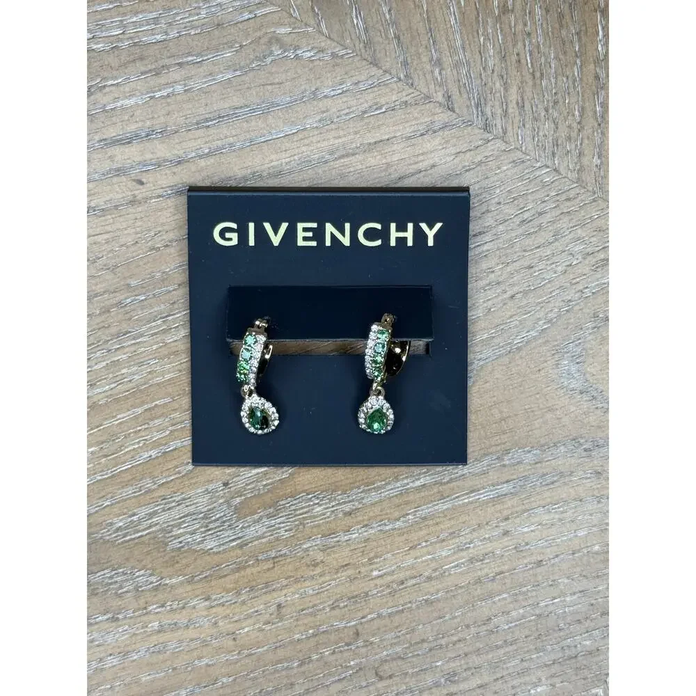 Givenchy Green Crystal Drop Earrings Gold Tone Pave Teardrop NWT - Picture 3 of 3